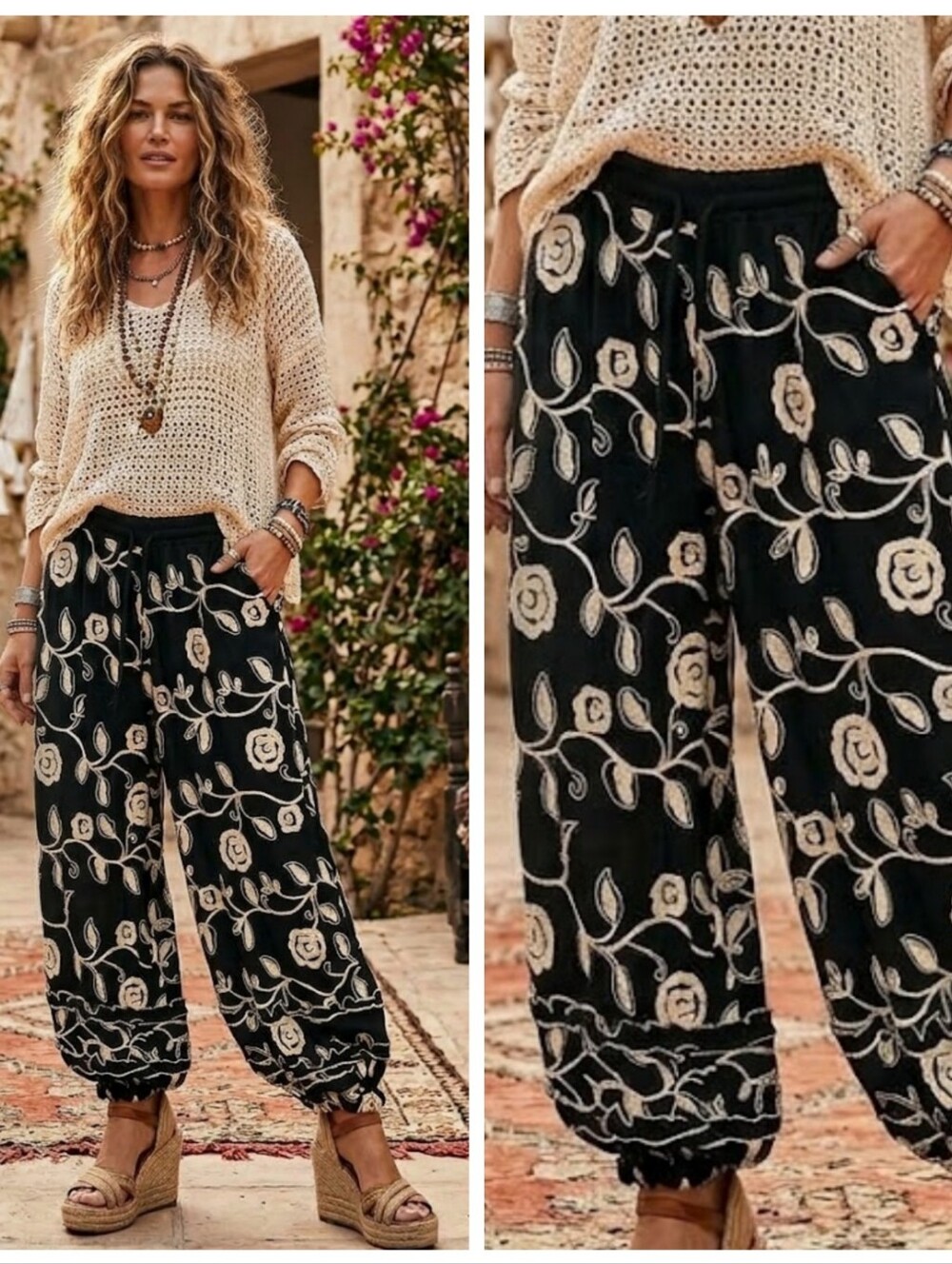 Embroidered Floral Drawstring Ruffle Jogger Pants - Black/Cream